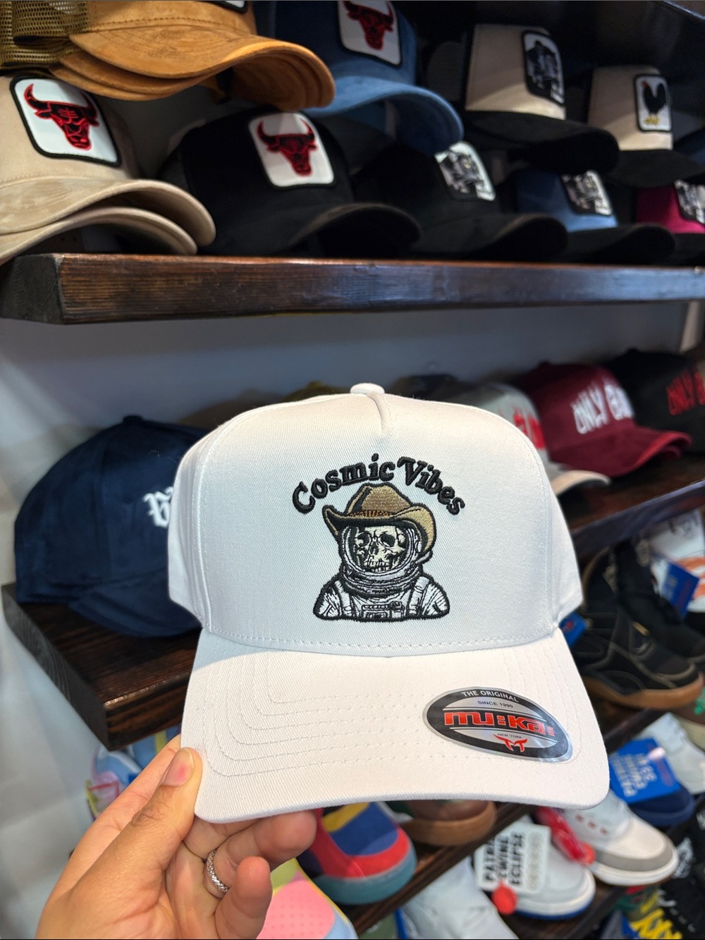 White "Cosmic Vibes" Embroidered Trucker Hat